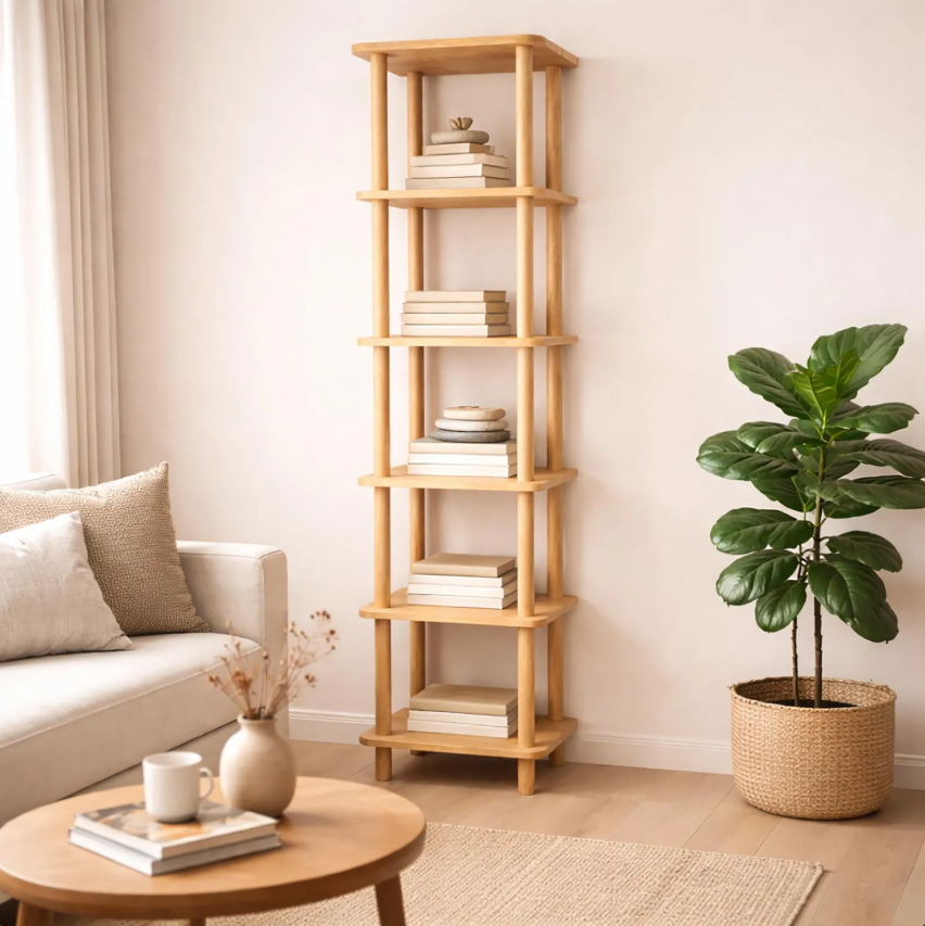 Solid Wood Corner Bookshelf, Narrow Bookcase, Corner Storage Unit, Small Space Shelf