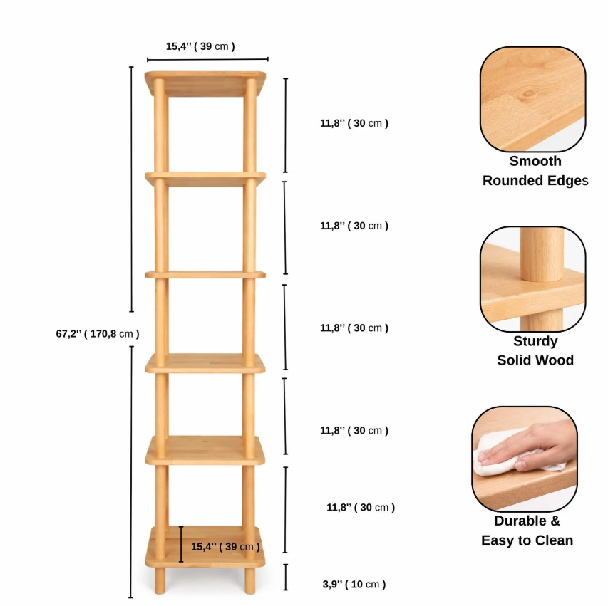 Solid Beech Wood Corner Shelf – Tall Narrow Bathroom Kitchen Organizer