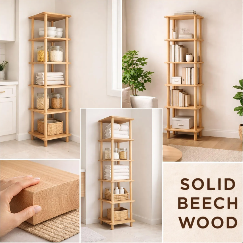 Solid Beech Wood Corner Shelf – Tall Narrow Bathroom Kitchen Organizer