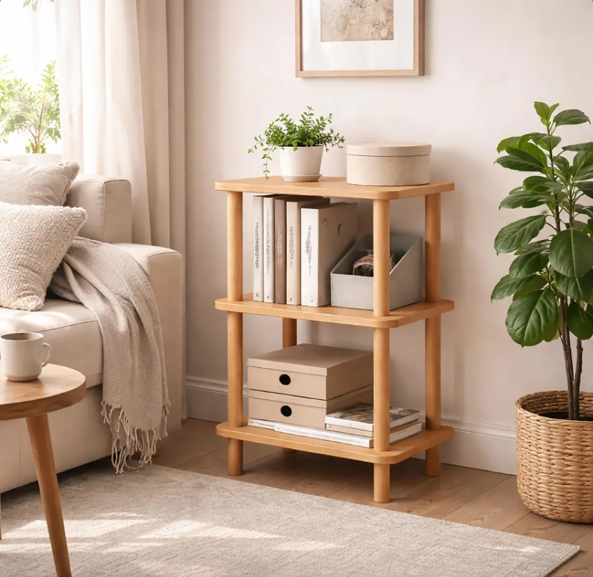 Solid Wood Nightstand Plant Stand & Small Bookshelf – Minimalist Side Table with Shelves