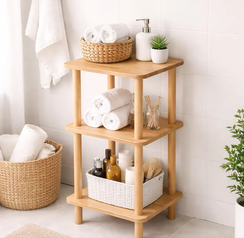 Solid Wood Nightstand Plant Stand & Small Bookshelf – Minimalist Side Table with Shelves
