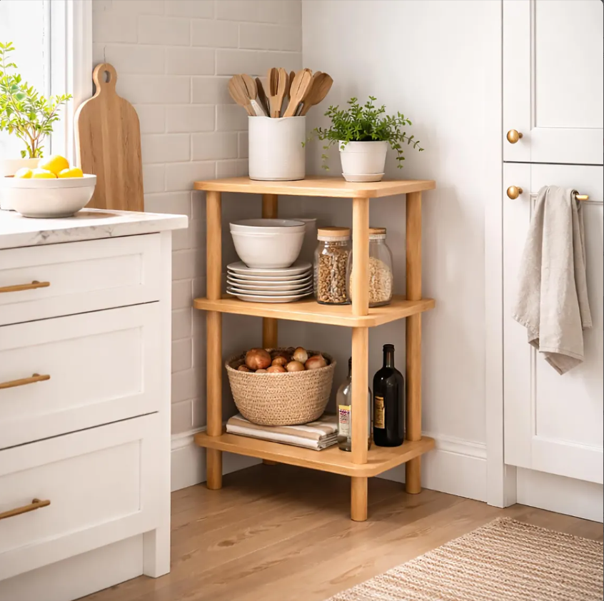 Solid Wood Nightstand Plant Stand & Small Bookshelf – Minimalist Side Table with Shelves