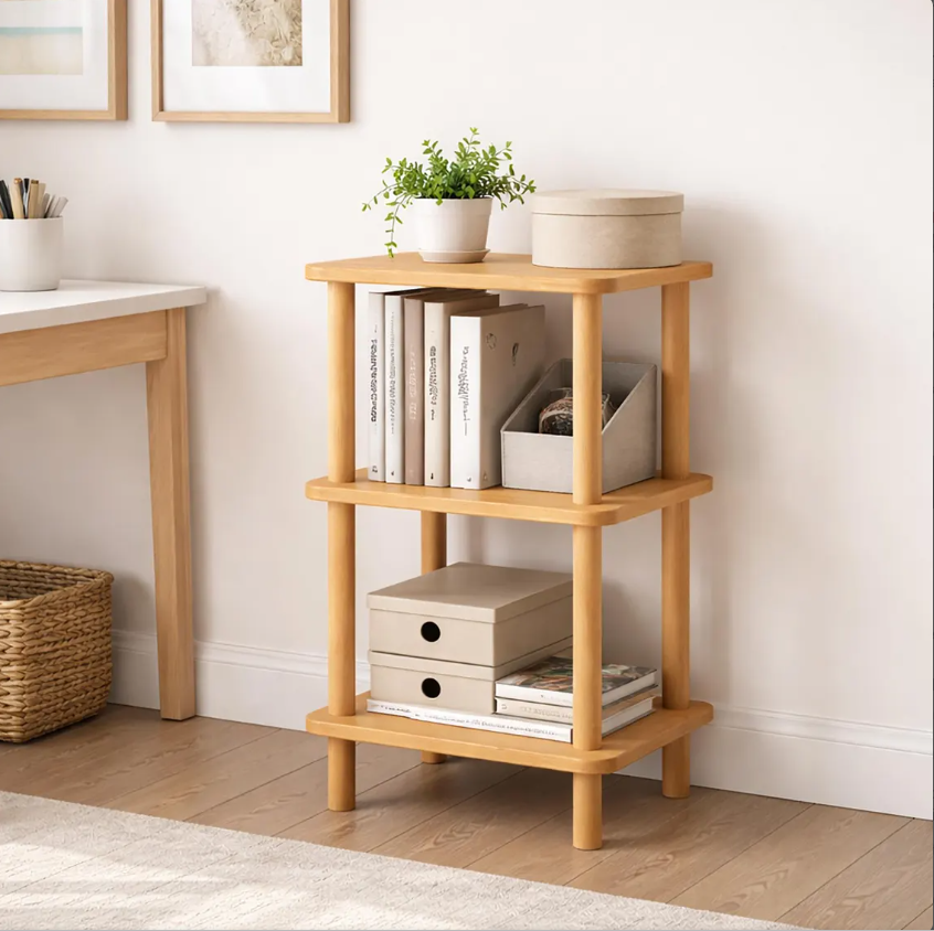 Solid Wood Nightstand Plant Stand & Small Bookshelf – Minimalist Side Table with Shelves