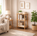 Solid Wood Nightstand Plant Stand & Small Bookshelf – Minimalist Side Table with Shelves