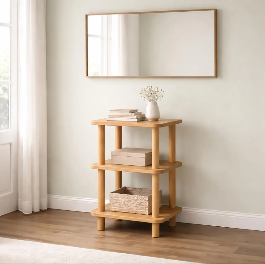 Solid Wood Nightstand Plant Stand & Small Bookshelf – Minimalist Side Table with Shelves