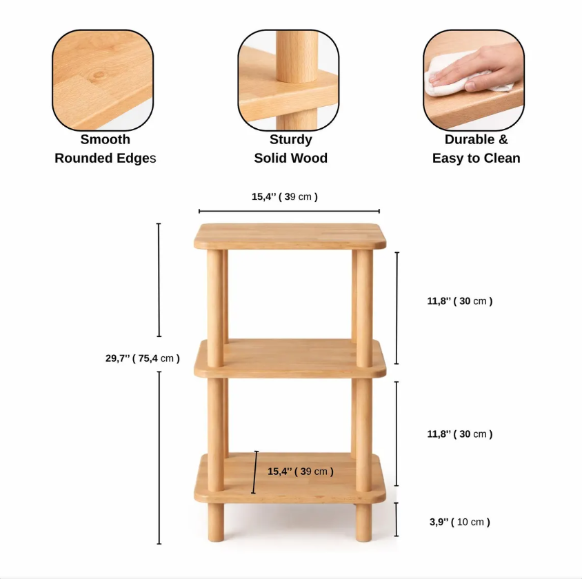 Solid Wood Nightstand Plant Stand & Small Bookshelf – Minimalist Side Table with Shelves