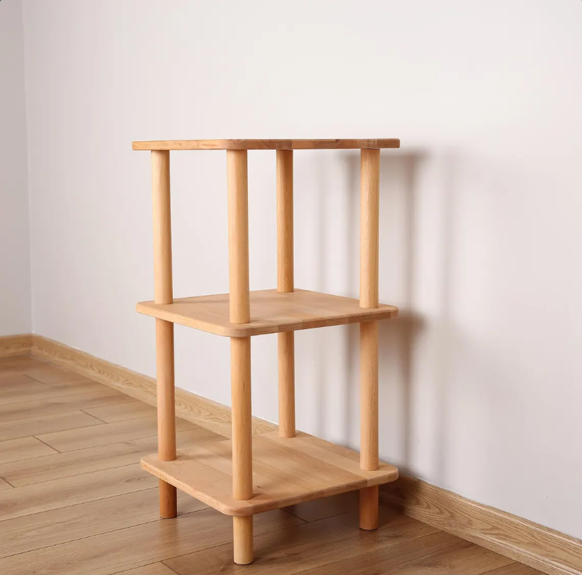 Solid Wood Nightstand Plant Stand & Small Bookshelf – Minimalist Side Table with Shelves