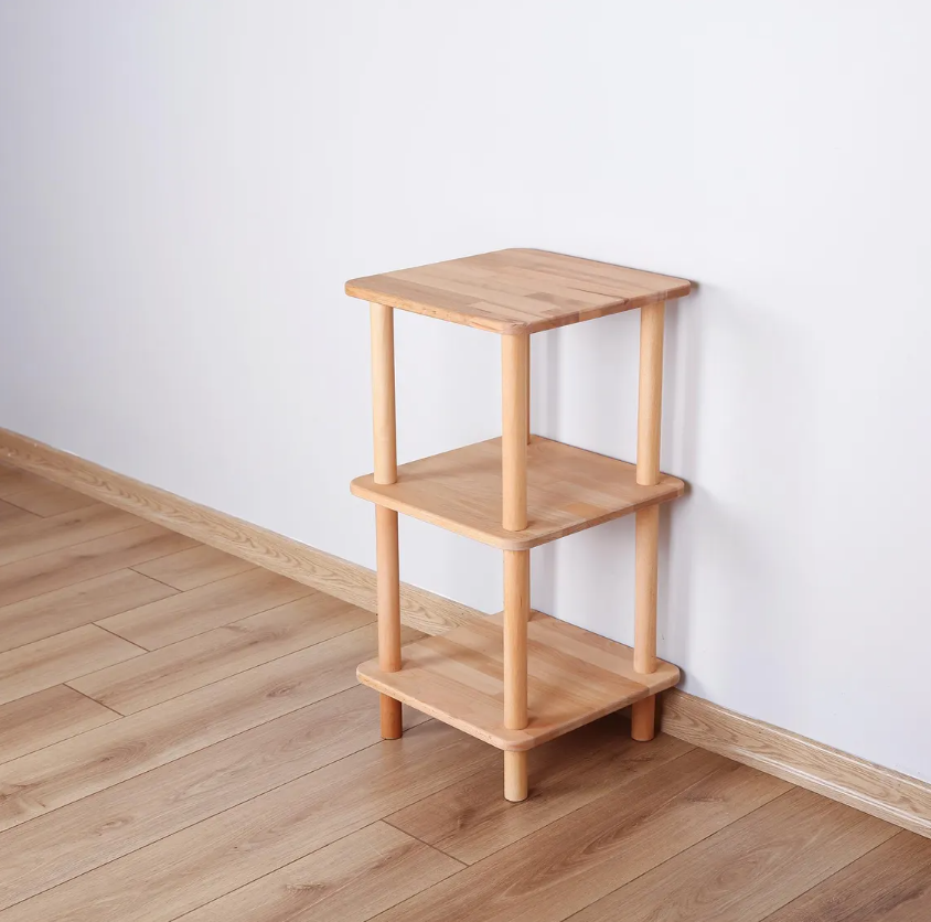 Solid Wood Nightstand Plant Stand & Small Bookshelf – Minimalist Side Table with Shelves