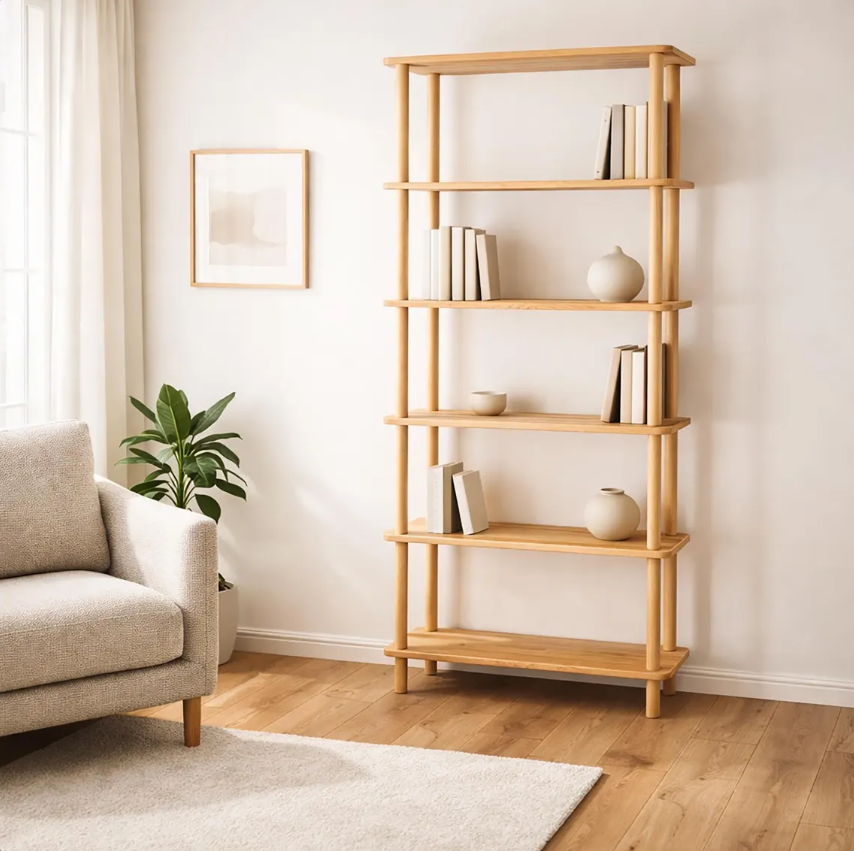 Natural solid wood bookcase . Freestanding Room Divider, Scandinavian Minimalist Bookcase