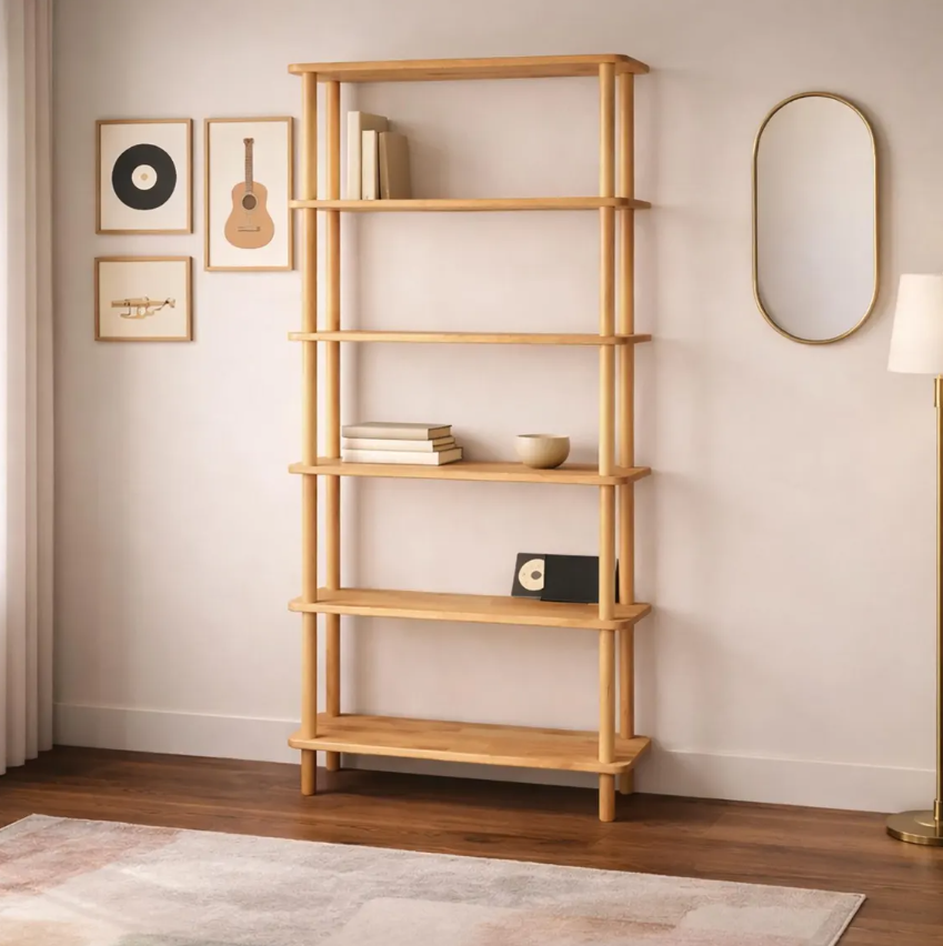 Natural solid wood bookcase . Freestanding Room Divider, Scandinavian Minimalist Bookcase