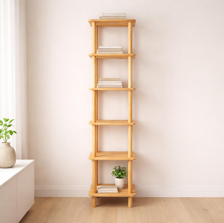 Solid Wood Corner Bookshelf . Tall Narrow Minimalist Bookcase . Small Space Vertical Storage Shelf