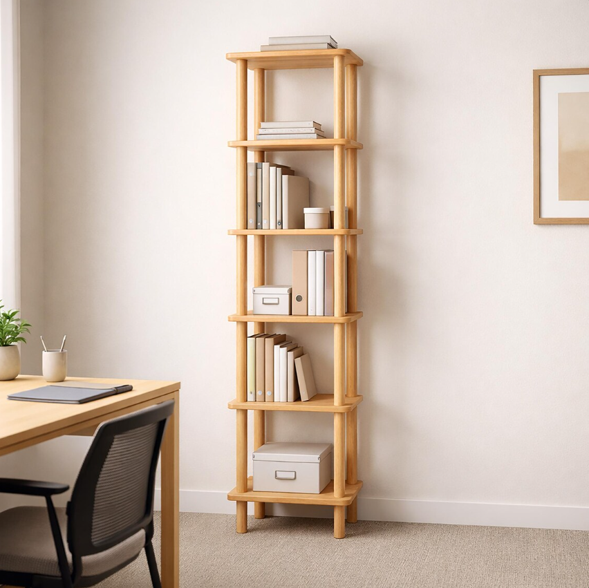 Solid Wood Corner Bookshelf . Tall Narrow Minimalist Bookcase . Small Space Vertical Storage Shelf