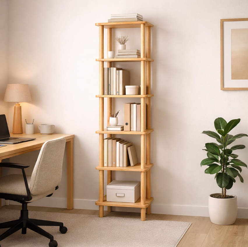 Solid Wood Corner Bookshelf . Tall Narrow Minimalist Bookcase . Small Space Vertical Storage Shelf