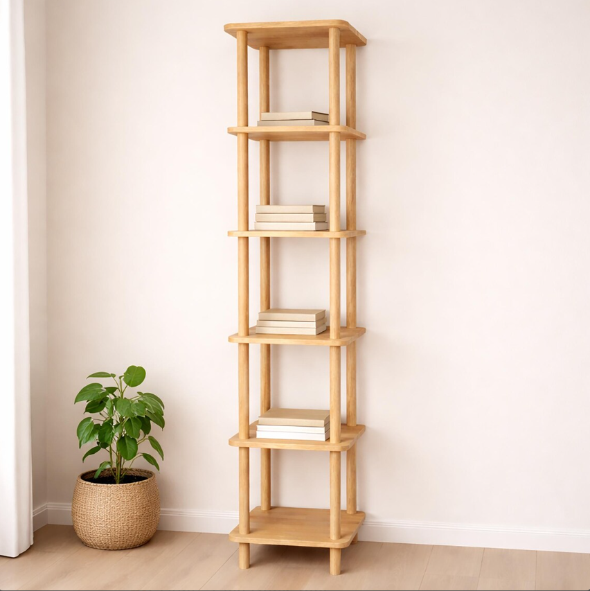 Solid Wood Corner Bookshelf . Tall Narrow Minimalist Bookcase . Small Space Vertical Storage Shelf