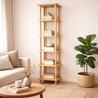 Solid Wood Corner Bookshelf . Tall Narrow Minimalist Bookcase . Small Space Vertical Storage Shelf