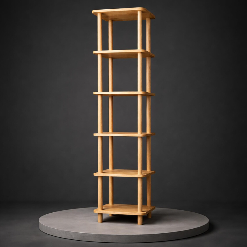 Solid Wood Corner Bookshelf . Tall Narrow Minimalist Bookcase . Small Space Vertical Storage Shelf