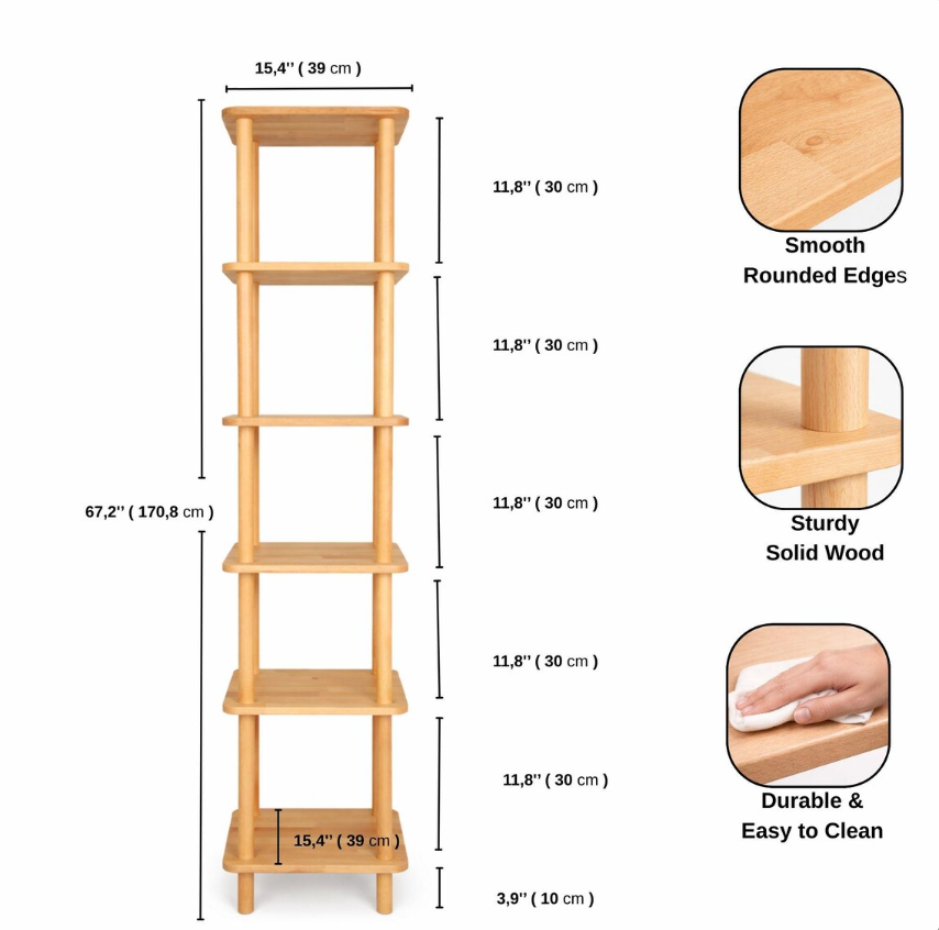 Solid Wood Corner Bookshelf . Tall Narrow Minimalist Bookcase . Small Space Vertical Storage Shelf