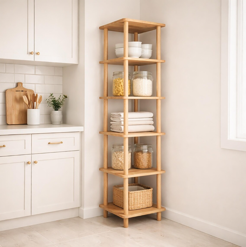Solid Wood Corner Bookshelf . Tall Narrow Minimalist Bookcase . Small Space Vertical Storage Shelf