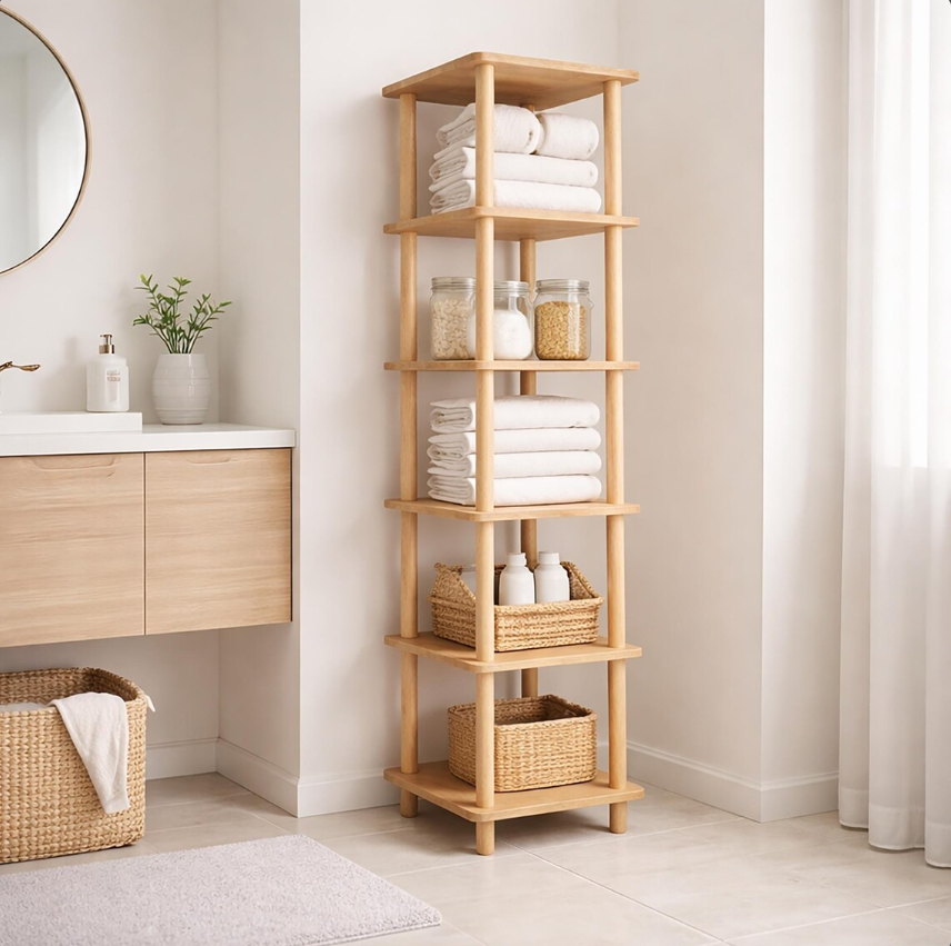 Solid Wood Corner Bookshelf . Tall Narrow Minimalist Bookcase . Small Space Vertical Storage Shelf