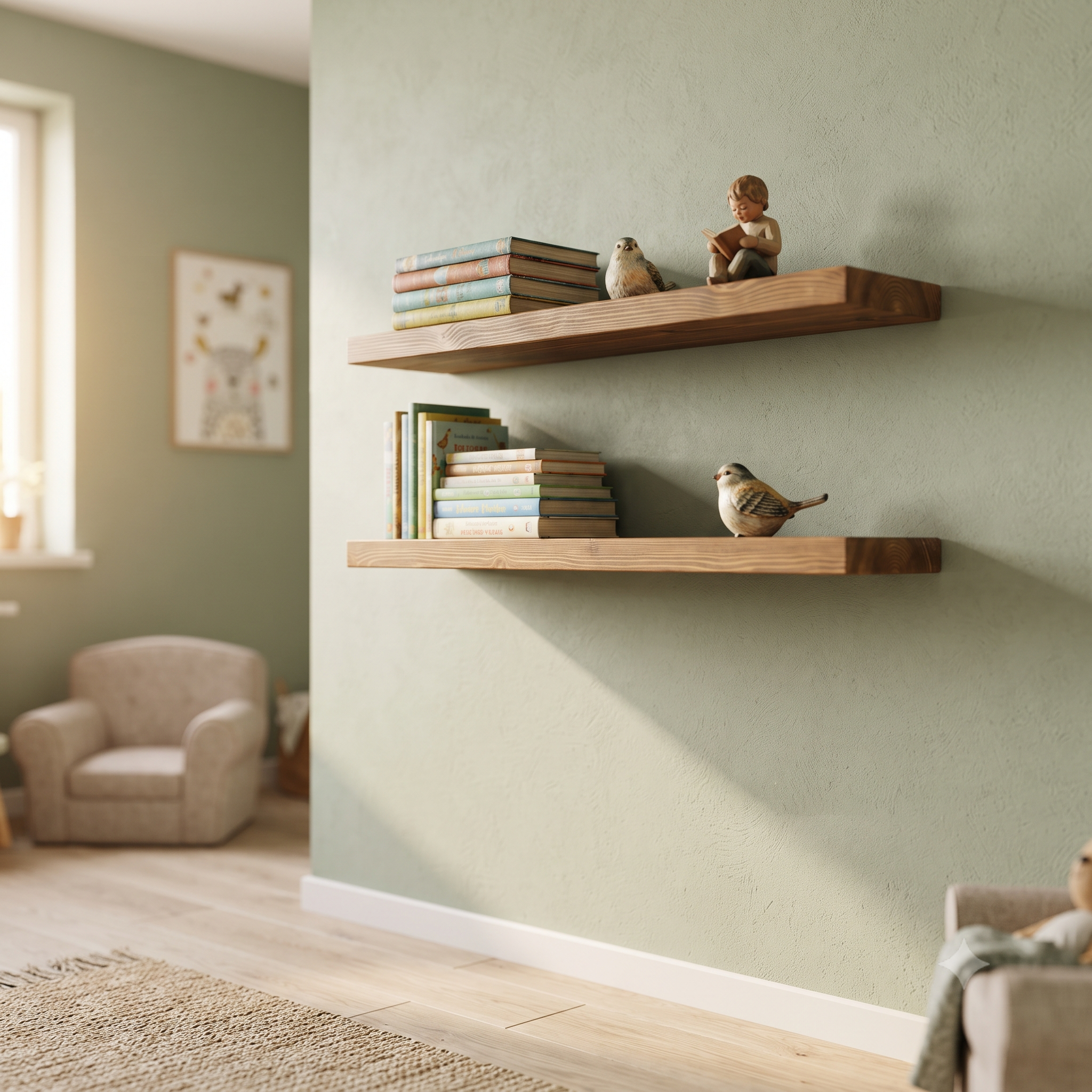 Solid Pine Wood Deep Floating Shelf, Chestnut Rustic Wall Mount Home Decor
